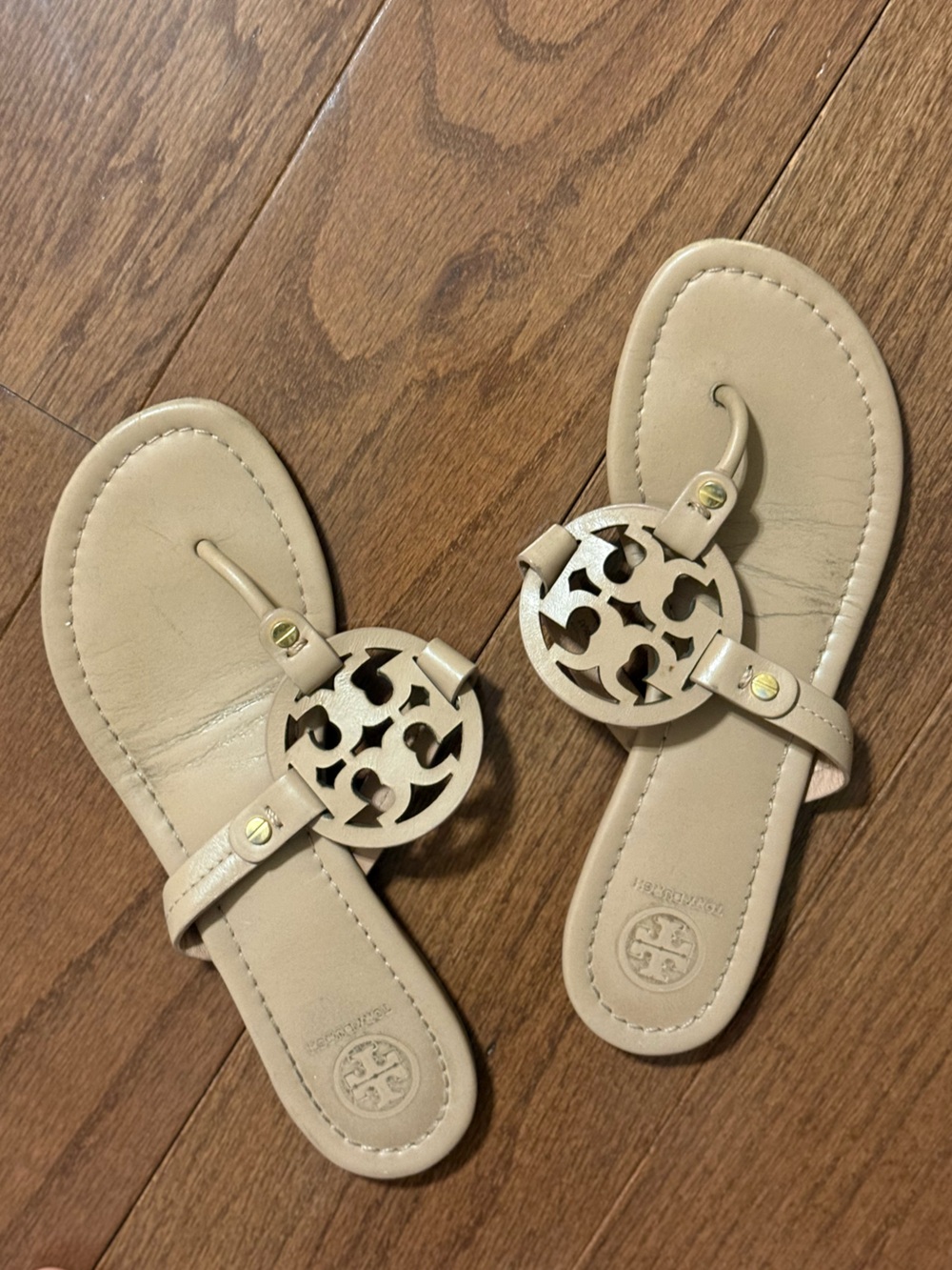 Tory Burch Beige Leather Cutout Medallion Thong Sandals